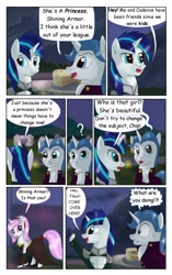 Size: 1950x3102 | Tagged: safe, artist:greenbrothersart, fancypants, fleur-de-lis, shining armor, pony, unicorn, comic:love is magic, cake, clothes, comic, dress, female, food, lip bite, male, night, party, sweat, sweatdrop, tail wrap, teenager, waving