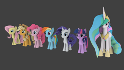 Size: 1920x1080 | Tagged: safe, artist:pizzalover53, derpibooru import, applejack, fluttershy, pinkie pie, princess celestia, rainbow dash, rarity, twilight sparkle, alicorn, earth pony, pegasus, pony, unicorn, .zip file at source, 3d, blender, mane six