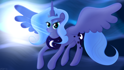 Size: 3840x2160 | Tagged: safe, artist:startledflowerpony, princess luna, alicorn, pony, flying, high res, moon, s1 luna, solo