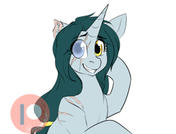 Size: 1250x950 | Tagged: safe, artist:cosmalumi, oc, oc only, oc:bright eyes, pony, unicorn, blind eye, scar, smiling, solo, torn ear