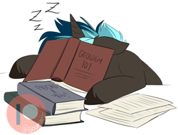 Size: 1250x950 | Tagged: safe, artist:cosmalumi, oc, oc only, pony, unicorn, book, geology, sleeping, solo