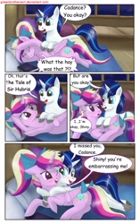 Size: 1950x3102 | Tagged: safe, artist:greenbrothersart, princess cadance, shining armor, alicorn, pony, unicorn, comic:love is magic, bed, book, cheek to cheek, comic, female, male, prone, teen princess cadance, teenager