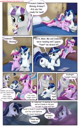 Size: 1950x3102 | Tagged: safe, artist:greenbrothersart, princess cadance, shining armor, twilight velvet, alicorn, pony, unicorn, comic:love is magic, bed, book, comic, female, goodnight kiss, male, mare, neck nuzzle, onomatopoeia, prone, sleeping, sound effects, teen princess cadance, teenager, waking up, zzz