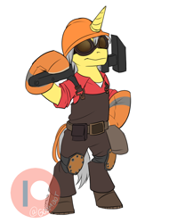 Size: 950x1250 | Tagged: safe, artist:cosmalumi, oc, oc only, pony, unicorn, bipedal, engineer, solo, team fortress 2, wrench