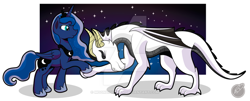 Size: 900x363 | Tagged: safe, artist:moonlightfan, princess luna, oc, alicorn, dragon, pony, watermark