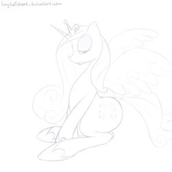 Size: 1024x1024 | Tagged: safe, artist:longtailshort, princess cadance, alicorn, pony, bedroom eyes, cutie mark, female, hoof shoes, horn, horseshoes, lineart, lovebutt, mare, monochrome, plot, princess shoes, sitting, solo, stupid sexy princess cadance, wings