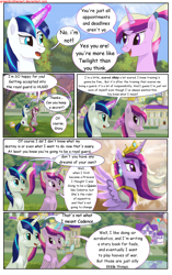 Size: 1950x3102 | Tagged: safe, artist:greenbrothersart, princess cadance, shining armor, alicorn, pony, unicorn, comic:love is magic, brush, brushing, comic, female, makeup, male, sitting, teen princess cadance, teenager