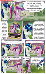 Size: 1950x3102 | Tagged: safe, artist:greenbrothersart, princess cadance, shining armor, alicorn, pony, unicorn, comic:love is magic, blushing, comic, female, flustered, makeup, male, mirror, sitting, teen princess cadance, teenager