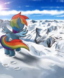 Size: 1500x1817 | Tagged: safe, artist:mrs1989, rainbow dash, pegasus, pony, behind, hoofprints, mountain, scenery, snow, solo, spread wings