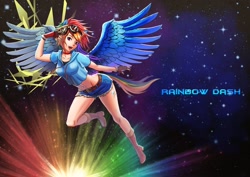 Size: 1200x848 | Tagged: safe, artist:takos000, rainbow dash, belly button, clothes, denim shorts, eared humanization, flying, goggles, humanized, shorts, solo, tailed humanization, winged humanization