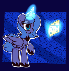 Size: 1800x1870 | Tagged: safe, artist:hedgehog-plant, princess luna, alicorn, pony, abstract background, cheese, female, food, glowing horn, horseshoes, magic, mare, s1 luna, solo, telekinesis