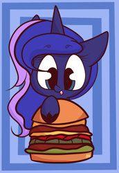 Size: 1919x2790 | Tagged: safe, artist:hedgehog-plant, princess luna, alicorn, pony, abstract background, burger, female, food, mare, solo