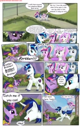 Size: 1950x3102 | Tagged: safe, artist:greenbrothersart, fancypants, fleur-de-lis, princess cadance, shining armor, twilight sparkle, unicorn twilight, alicorn, pony, unicorn, comic:love is magic, ambush, comic, female, filly, filly twilight sparkle, flying, male, running, teen princess cadance, teenager, wooden sword, younger