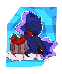 Size: 2500x3000 | Tagged: safe, artist:hedgehog-plant, princess luna, alicorn, pony, abstract background, cloud, eating, eyes closed, female, food, mare, sitting, solo, strawberry