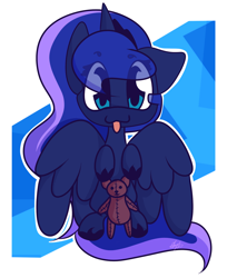 Size: 1700x2000 | Tagged: safe, artist:hedgehog-plant, princess luna, alicorn, pony, :3, abstract background, plushie, solo, tongue out