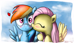 Size: 4445x2598 | Tagged: safe, artist:neko-me, fluttershy, rainbow dash, pegasus, pony, blushing, female, flutterdash, heart, kissing, lesbian, shipping