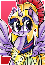 Size: 1024x1457 | Tagged: safe, artist:j-lin-mlp, derpibooru import, twilight sparkle, twilight sparkle (alicorn), alicorn, pony, armor, armor skirt, athena sparkle, clothes, cute, female, mare, skirt, solo, traditional art, twiabetes