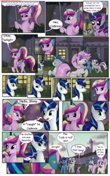 Size: 1950x3102 | Tagged: safe, artist:greenbrothersart, fancypants, fleur-de-lis, night light, princess cadance, shining armor, twilight sparkle, twilight velvet, unicorn twilight, alicorn, firefly (insect), pony, unicorn, comic:love is magic, blushing, comic, dancing, female, filly, filly twilight sparkle, male, mare, stallion, sweat, sweatdrop, swing, tail wrap, teen princess cadance, teenager, younger