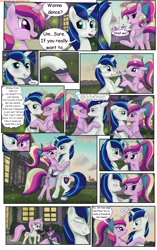 Size: 1950x3102 | Tagged: safe, artist:greenbrothersart, fleur-de-lis, princess cadance, shining armor, twilight sparkle, unicorn twilight, alicorn, pony, unicorn, comic:love is magic, blushing, book, comic, dancing, female, filly, filly twilight sparkle, male, tail wrap, teen princess cadance, teenager, thought bubble, younger