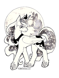 Size: 540x716 | Tagged: safe, artist:hollifo, princess luna, alicorn, pony, female, folded wings, ink wash painting, inktober, jewelry, mare, mare in the moon, moon, profile, regalia, simple background, smiling, solo, traditional art, white background