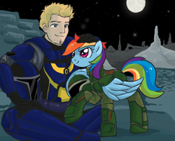 Size: 2163x1750 | Tagged: safe, artist:bigbuxart, rainbow dash, oc, human, crossover, fanfic, fanfic art, fanfic cover, mandalorian, star wars