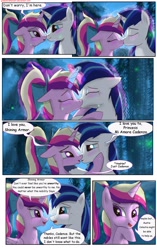 Size: 1950x3102 | Tagged: safe, artist:greenbrothersart, princess cadance, shining armor, alicorn, pony, unicorn, comic:love is magic, blushing, comic, crying, eye contact, female, full moon, kissing, looking at each other, male, mare in the moon, moon, night, teen princess cadance, teenager