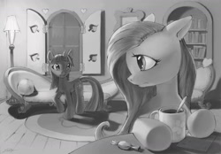 Size: 1280x893 | Tagged: safe, artist:shad3r, derpibooru import, fluttershy, twilight sparkle, pegasus, pony, cup, duo, fanfic art, grayscale, interior, monochrome