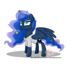Size: 6337x7050 | Tagged: safe, artist:raspberrystudios, princess luna, alicorn, pony, absurd resolution, clothes, coffee, female, glowing horn, magic, mare, obtrusive watermark, shirt, simple background, solo, transparent background, watermark