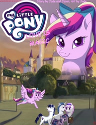 Size: 3653x4729 | Tagged: safe, artist:greenbrothersart, fancypants, fleur-de-lis, princess cadance, shining armor, twilight sparkle, alicorn, pony, unicorn, comic:love is magic, book, comic, comic cover, cover art, female, filly, filly twilight sparkle, flying, male, teen princess cadance, teenager, younger