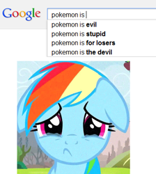 Size: 384x428 | Tagged: safe, edit, edited screencap, screencap, rainbow dash, pegasus, pony, crying, google, obligatory pony, pokémon, sad, solo, text