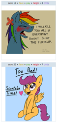 Size: 263x565 | Tagged: safe, rainbow dash, scootaloo, pegasus, pony, exploitable meme, juxtaposition, juxtaposition win, vulgar