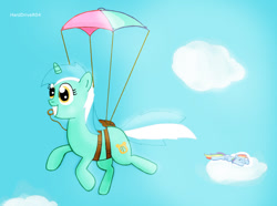 Size: 1037x771 | Tagged: safe, artist:harddriver04, lyra heartstrings, rainbow dash, pegasus, pony, female, mare, parachute