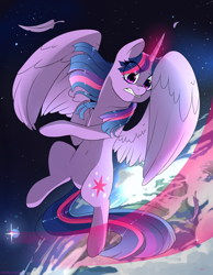 Size: 1400x1800 | Tagged: safe, artist:shellydreams, derpibooru import, twilight sparkle, twilight sparkle (alicorn), alicorn, pony, feather, female, magic, mare, solo, space