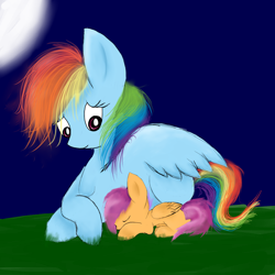 Size: 4000x4000 | Tagged: safe, artist:froststarthecat, rainbow dash, scootaloo, pegasus, pony, eyes closed, female, filly, mare, moon, night, prone, sleeping