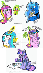 Size: 1024x1733 | Tagged: safe, artist:artistnjc, derpy hooves, princess cadance, princess celestia, princess luna, twilight sparkle, twilight sparkle (alicorn), alicorn, pony, alcohol, alicorns, animal costume, best friends zaibatsu, body pillow, body pillow design, clothes, cosplay, costume, floppy ears, glowing horn, hand, magic, magic hands, naruto, playstation vita, royal sisters, simple background, sitting, smiling, super best friends play, tongue out, two best friends play, two best sisters play, uzumaki naruto, white background