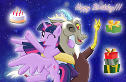 Size: 1533x995 | Tagged: safe, artist:majkashinoda626, derpibooru import, discord, twilight sparkle, twilight sparkle (alicorn), alicorn, pony, birthday cake, cake, discolight, female, food, male, mare, present, shipping, straight