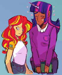 Size: 833x1000 | Tagged: safe, artist:stevetwisp, derpibooru import, sci-twi, sunset shimmer, twilight sparkle, human, adorkable, blushing, cute, dark skin, dork, female, heart, horned humanization, humanized, lesbian, scitwishimmer, shipping, size difference, sunsetsparkle, sweat