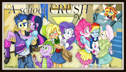 Size: 1530x880 | Tagged: safe, artist:vago-xd, derpibooru import, applejack, flash sentry, fluttershy, pinkie pie, rainbow dash, rarity, spike, sunset shimmer, twilight sparkle, fanfic:a school crush, equestria girls, bridal carry, carrying, clothes, fanfic, fanfic art, female, flashlight, flutterdash, human spike, lesbian, male, mane seven, mane six, off shoulder, pinkiedash, rarijack, shipping, straight, sweater, sweatershy