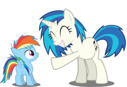 Size: 8000x5515 | Tagged: safe, artist:deratrox, dj pon-3, rainbow dash, vinyl scratch, pegasus, pony, unicorn, absurd resolution, age regression, blank flank, cutie mark, eyes closed, female, filly, foal, hooves, horn, mare, simple background, smiling, spread wings, teeth, transparent background, vector, wings, younger