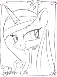 Size: 817x1108 | Tagged: safe, artist:andypriceart, princess cadance, alicorn, pony, black and white, bust, female, grayscale, lineart, mare, monochrome, sketch, smiling, solo, traditional art