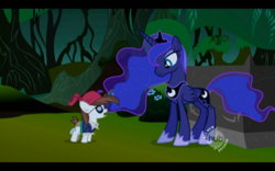 Size: 320x200 | Tagged: safe, screencap, pipsqueak, princess luna, alicorn, earth pony, pony, luna eclipsed, colt, hub logo, male