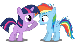 Size: 8000x4480 | Tagged: safe, artist:deratrox, rainbow dash, twilight sparkle, pegasus, pony, :o, absurd resolution, filly, imminent boop, simple background, smiling, transparent background, vector