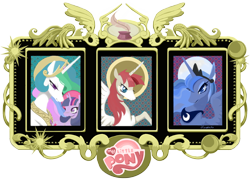 Size: 1600x1164 | Tagged: safe, artist:hinoraito, derpibooru import, princess celestia, princess luna, twilight sparkle, oc, oc:fausticorn, alicorn, pony, alicorn oc, church, faust worship, frame, goddess, icon, lauren faust, my little pony logo, nimbus, religion, simple background, transparent background, trinity