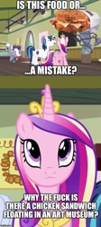 Size: 500x1119 | Tagged: safe, princess cadance, shining armor, alicorn, pony, unicorn, a flurry of emotions, art museum, background pony, caption, chicken sandwich, double down, image macro, imgflip, kfc, meme, museum, text, vulgar