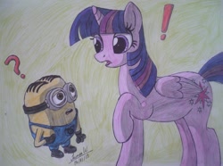 Size: 1211x903 | Tagged: safe, artist:lavenderrain24, derpibooru import, twilight sparkle, twilight sparkle (alicorn), alicorn, pony, dave, despicable me, exclamation point, female, mare, minions, question mark, traditional art