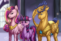 Size: 1500x1000 | Tagged: safe, artist:rossignolet, flash sentry, princess cadance, twilight sparkle, twilight sparkle (alicorn), alicorn, pegasus, pony, armor, caddy ships it, female, flash hunktry, flashlight, male, mare, princess of shipping, royal guard, shipper on deck, shipping, smiling, stallion, straight