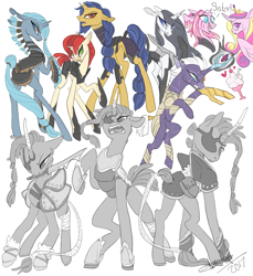 Size: 1100x1200 | Tagged: safe, artist:creeate97, princess cadance, tempest shadow, alicorn, pony, unicorn, my little pony: the movie, alternate design, amputee, armor, broken horn, dialogue, eye scar, eyepatch, female, mare, mouth hold, prosthetic horn, prosthetic limb, prosthetics, scar, simple background, sword, tail wrap, weapon, white background