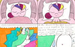 Size: 3288x2083 | Tagged: safe, artist:eternaljonathan, princess cadance, princess celestia, alicorn, pony, comic:a new twist, comic, female, foal, magic, mare, pillow, quilt, surprised, sweat, traditional art