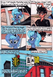 Size: 1394x1997 | Tagged: safe, artist:newyorkx3, princess luna, oc, oc:tommy, human, comic:young days, car, comic, dialogue, manehattan, s1 luna, traditional art