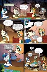 Size: 650x1000 | Tagged: safe, artist:andypriceart, edit, idw, 8-bit (character), gaffer, gizmo, shining armor, earth pony, pegasus, pony, unicorn, comic:friendship is dragons, spoiler:comic, spoiler:comic11, bowtie, chips, comic, dialogue, dungeons and dragons, food, freckles, glasses, male, ogres and oubliettes, plate, smiling, soda can, stallion, text edit, thinking, unshorn fetlocks